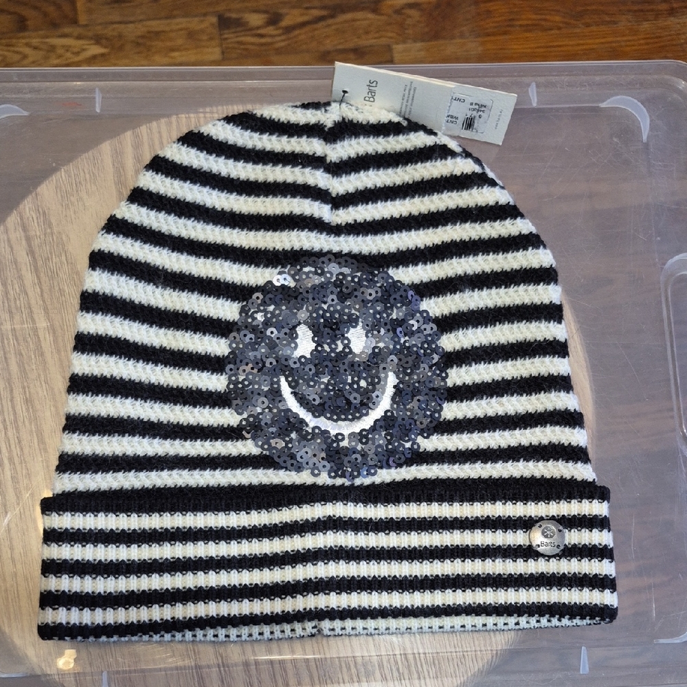 Barts Black and White Striped Kids Beanie with Sequin Smiley